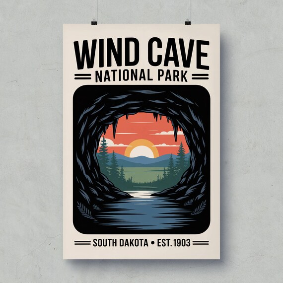 Wind Cave South Dakota National Park Cave Sunset Vintage Travel Poster