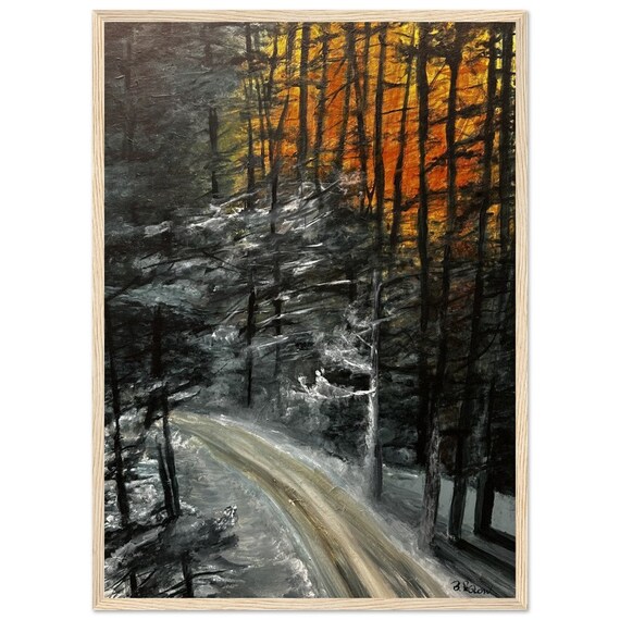 Framed Forest Sunset Art Evening In The Winter Woods Sunset Through Trees Landscape Art Warm Moody Landscape Painting Cabin Decor