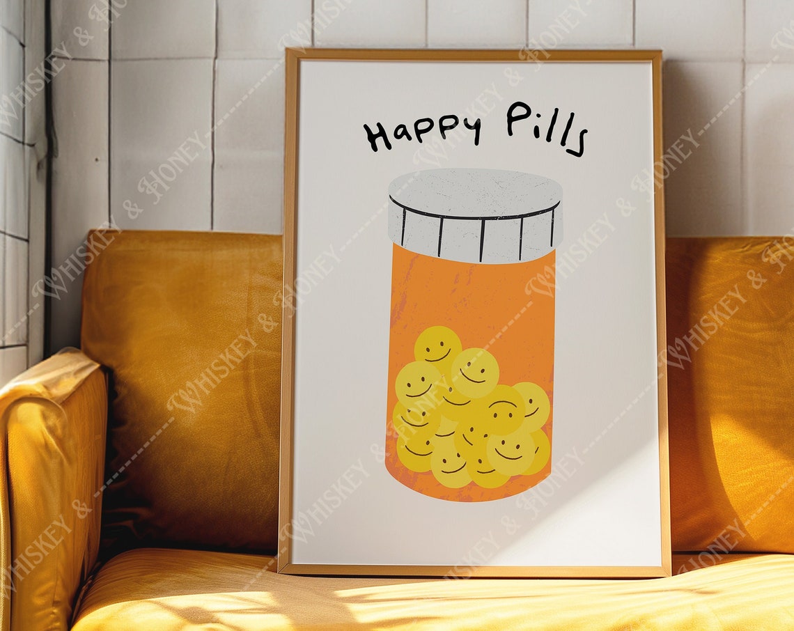 Happy Pills Smiley Faces Orange Pharmacy Bottle Pop Art Poster