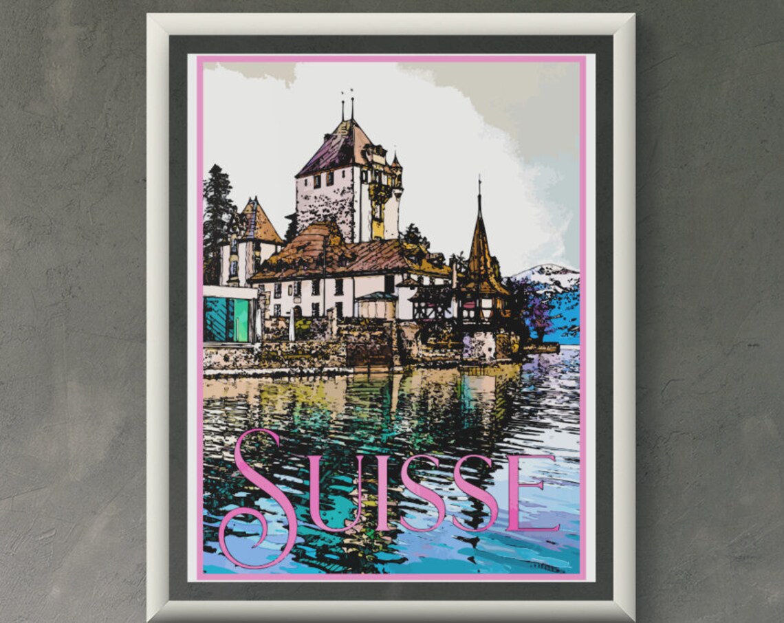 Swiss Lakeside Castle Pink Suisse Typography Vintage Travel Poster