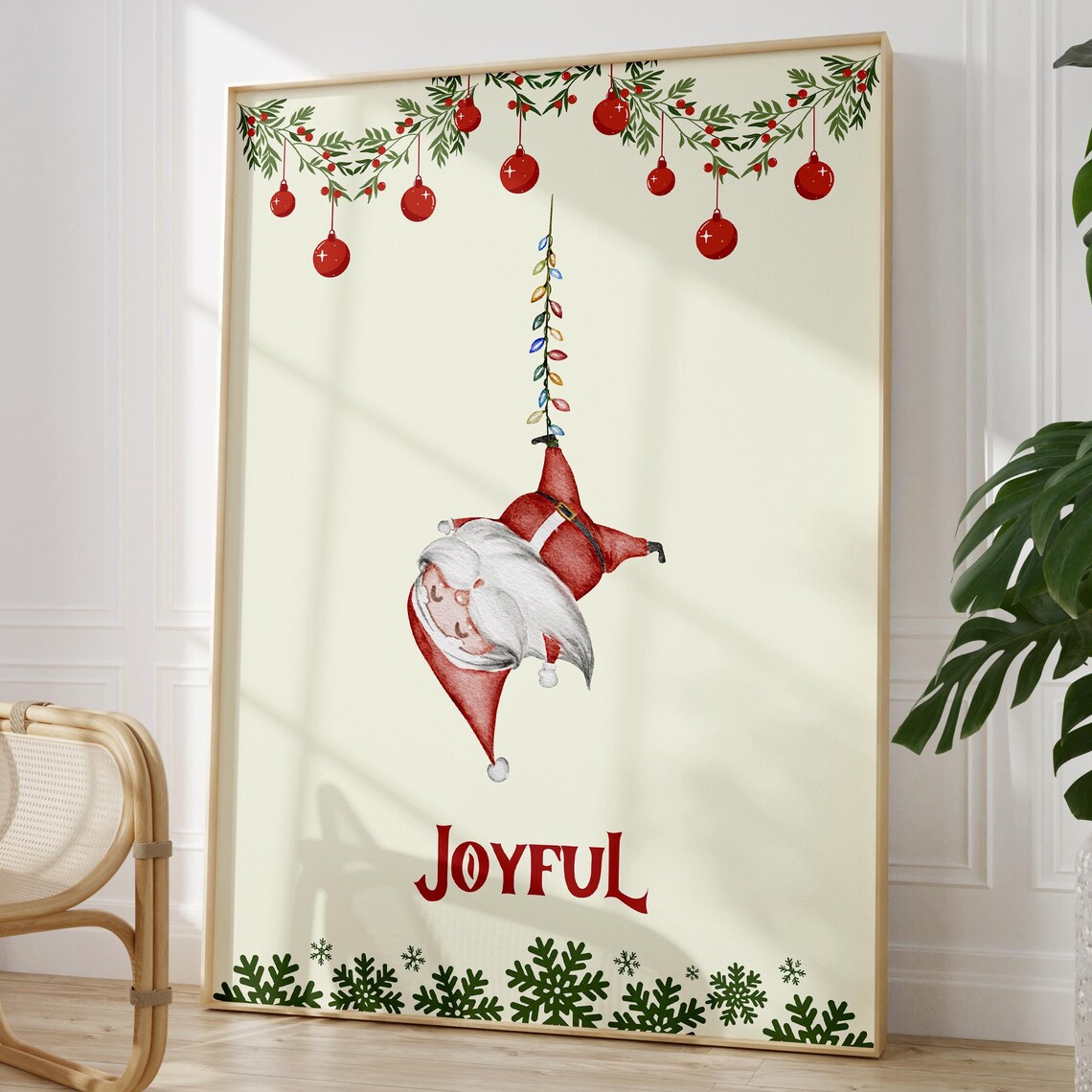 Joyful Santa Claus Hanging from Christmas Lights Funny Poster