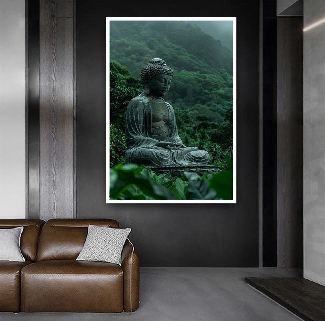 Ancient Stone Buddha Statue Meditating In Misty Green Forest Poster - Image 5