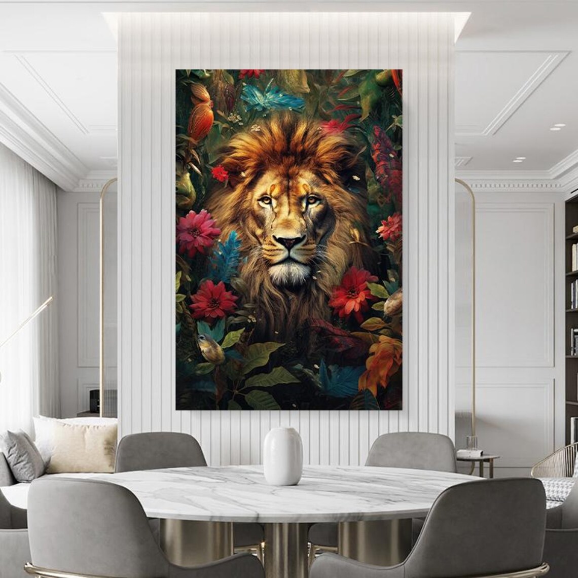 Majestic Lion Surrounded By Colorful Flowers Wildlife Art Poster - Image 4