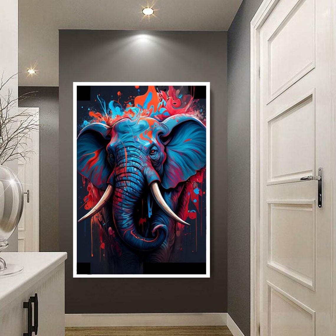 Blue Elephant Head With Red Paint Splashes Abstract Art Poster - Image 3
