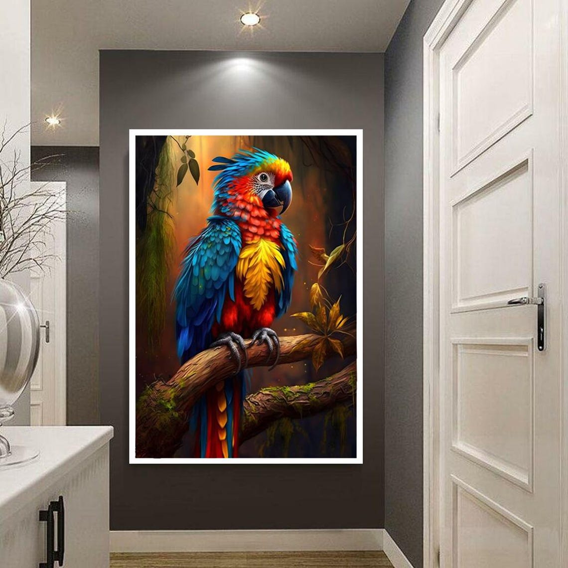 Scarlet Macaw Parrot On Branch In Tropical Jungle Bird Print - Image 3