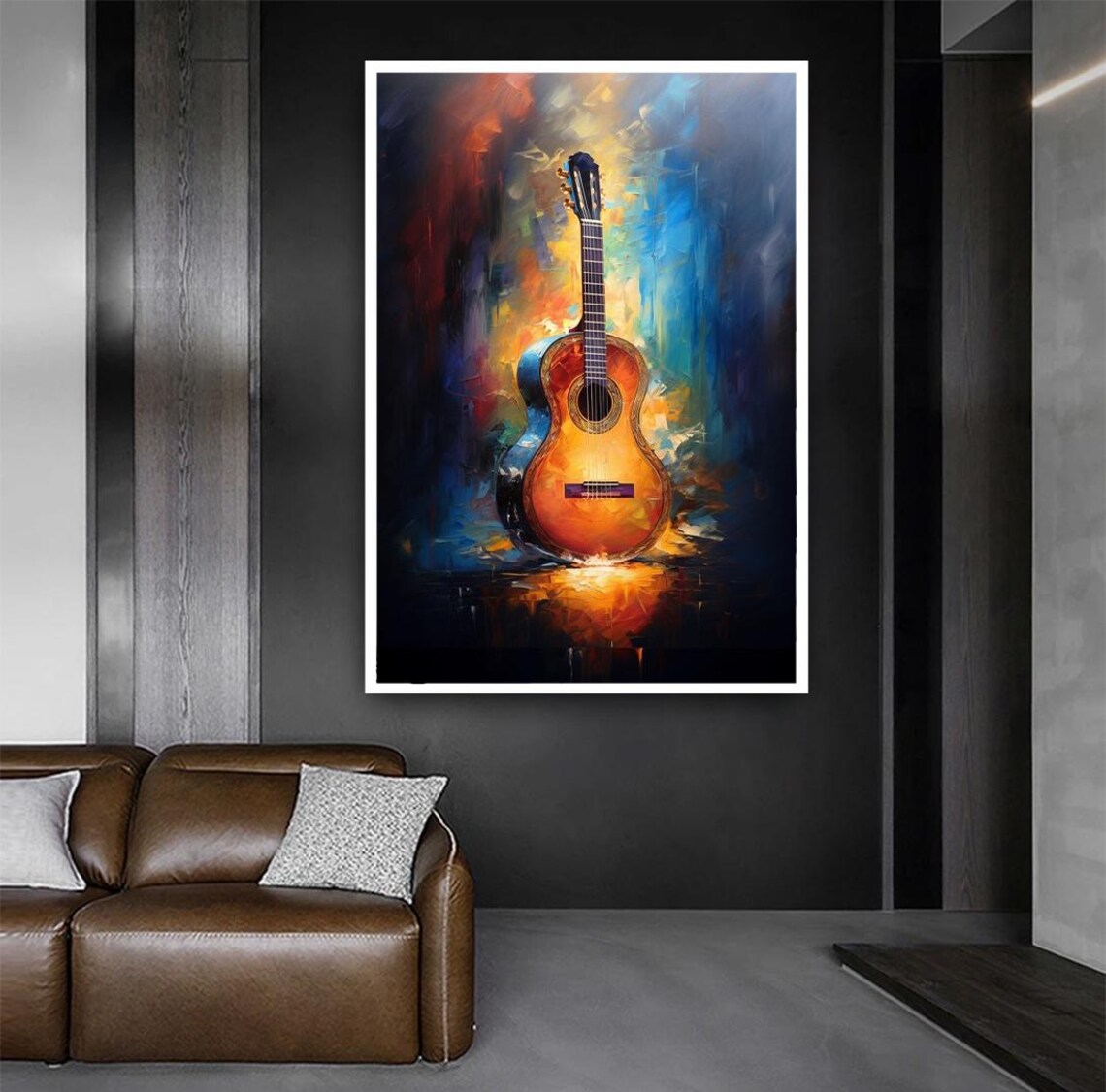 Acoustic Guitar Abstract Oil Painting Blue Orange Music Art Poster - Image 5