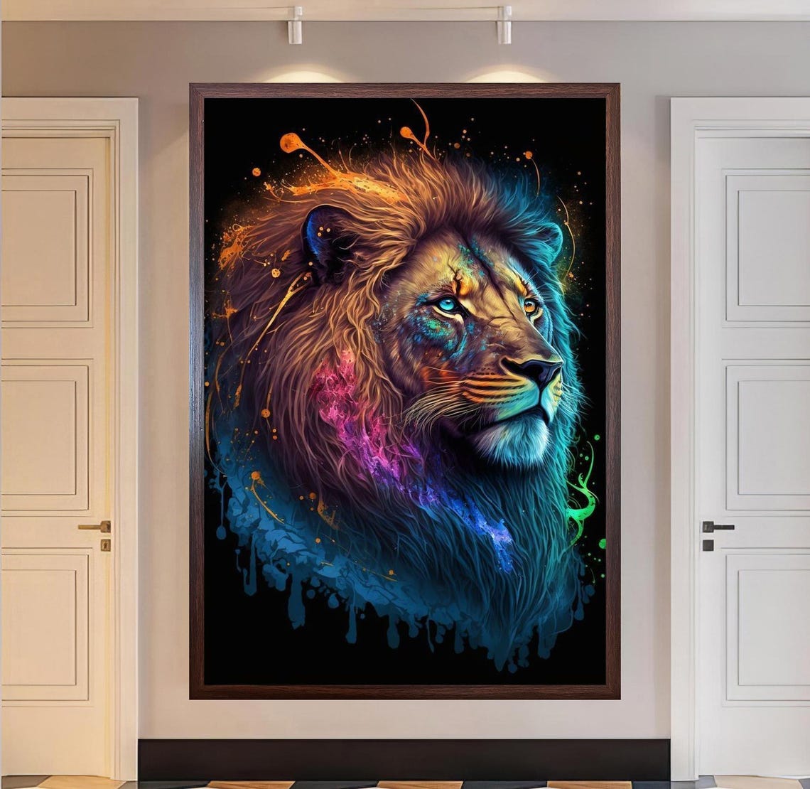 Lion in Profile With Neon Paint Splatter on a Black Art Poster - Image 3