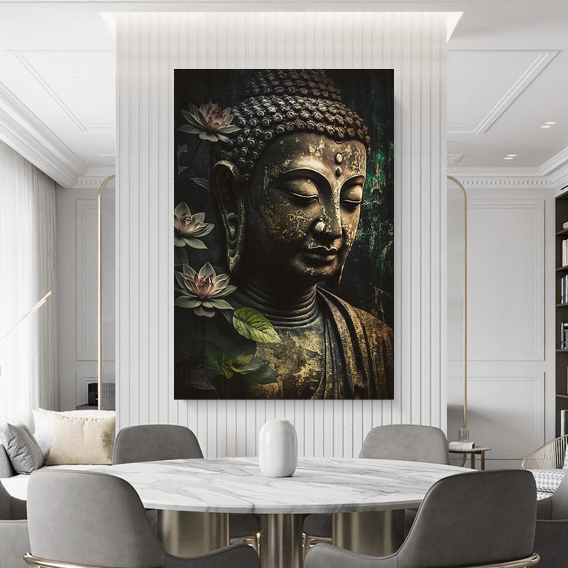 Golden Buddha With Lotus Flowers On Deep Dark Botanical Wall Art - Image 4
