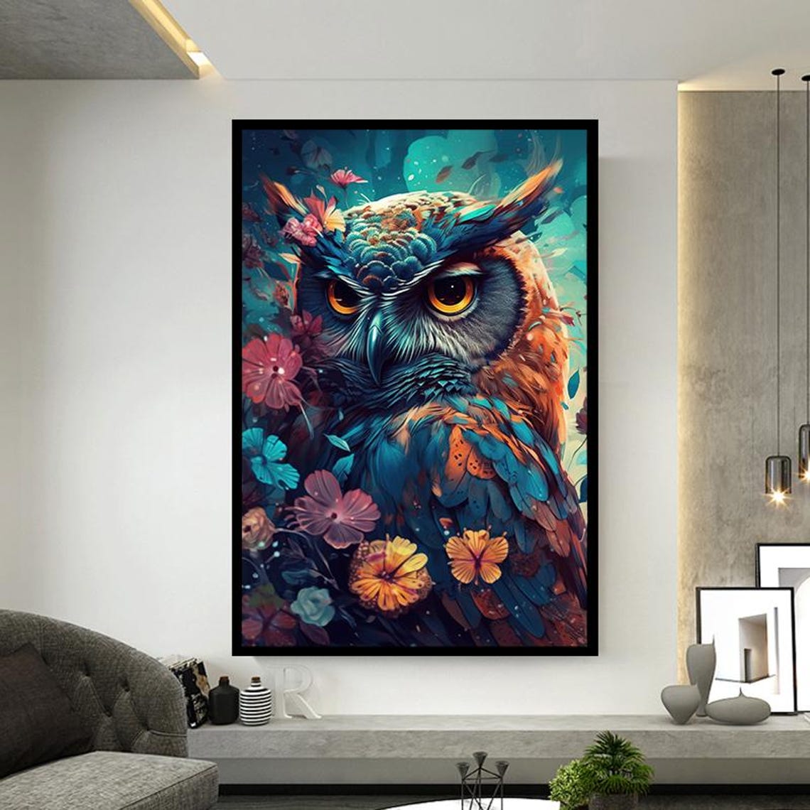 Colorful Owl Portrait Among Bright Blooming Flowers Garden Poster - Image 2