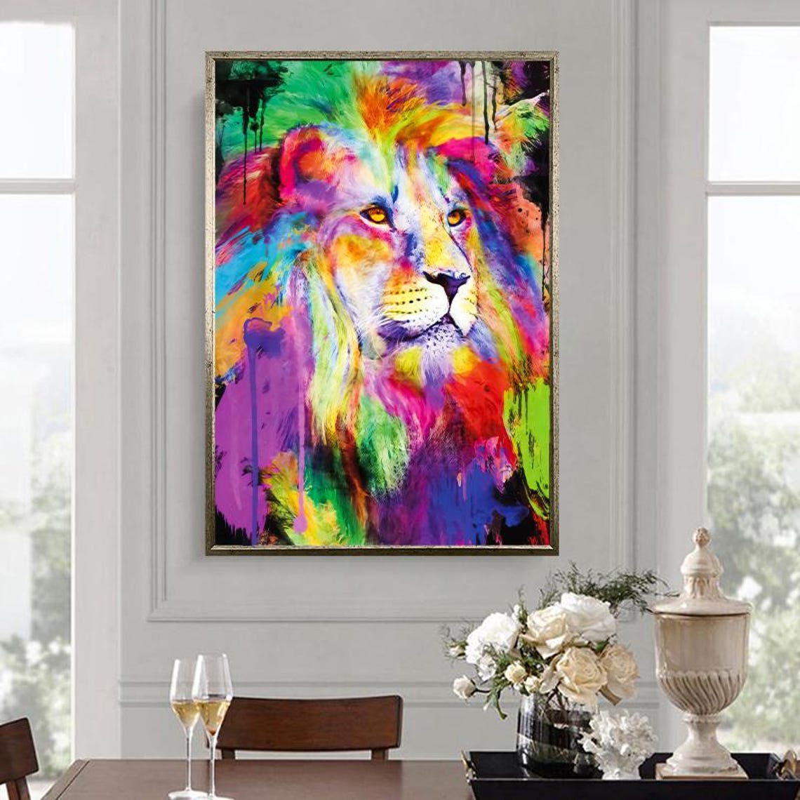 Rainbow Multicolor Splash Paint Lion Portrait Animal Art Poster