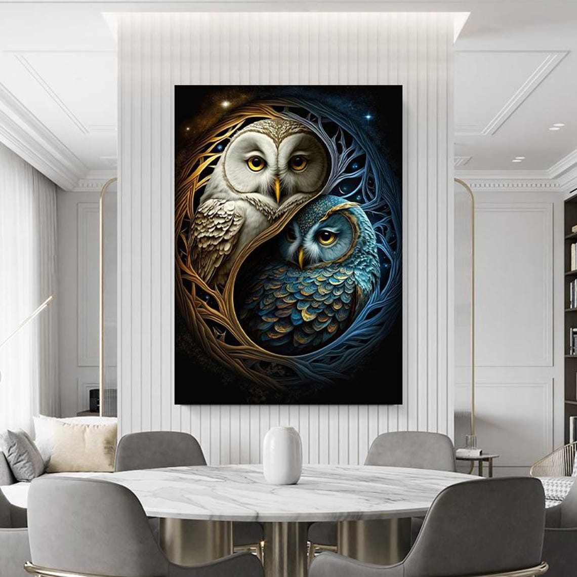 White and Blue Owls in Yin Yang Circle Mystical Wildlife Poster - Image 4