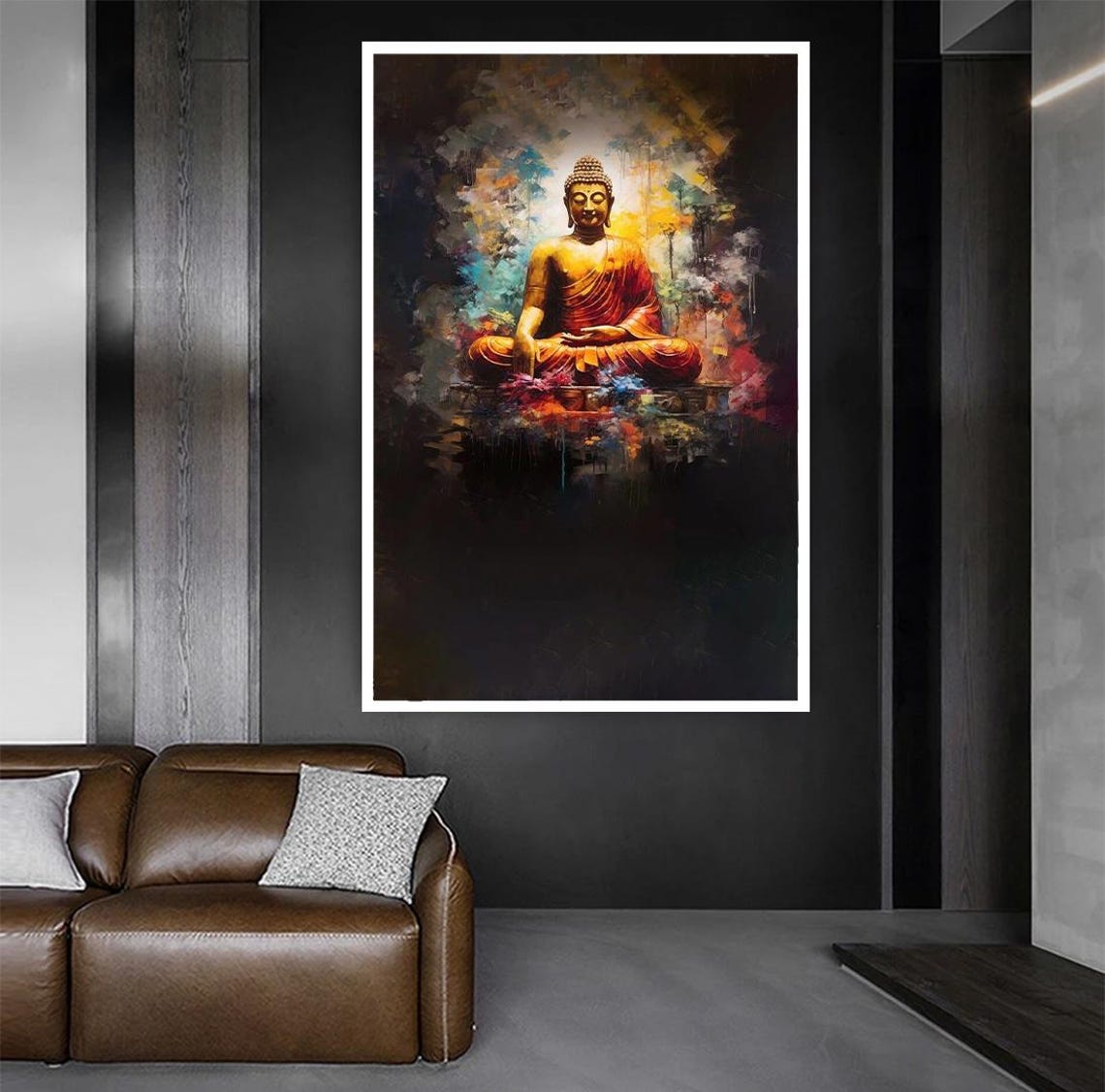 Golden Buddha Meditating On Lotus Flower Dark Background Art Poster - Image 2