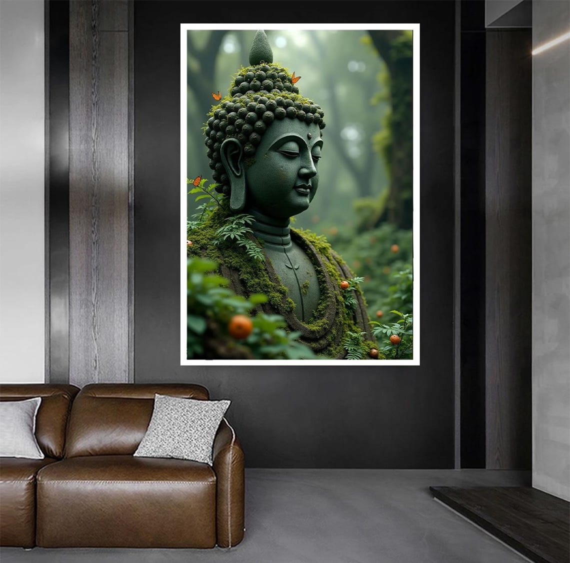 Moss Covered Buddha Head Statue in Misty Forest Zen Art Poster - Image 3