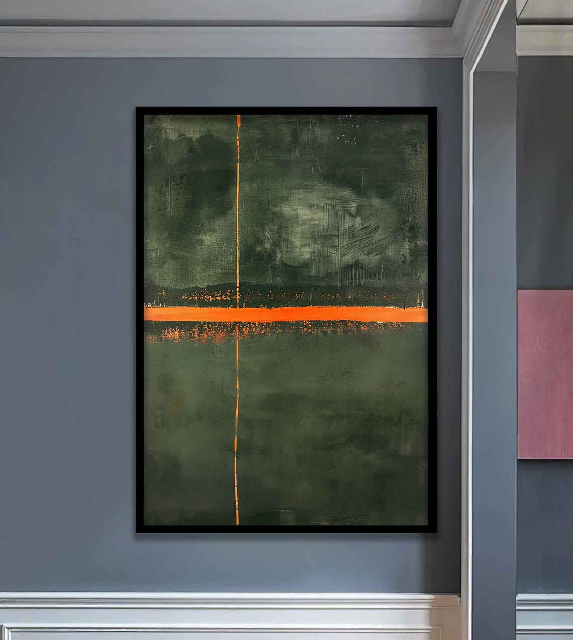 Dark Green Abstract with Orange Cross Line Modern Art Poster - Image 3