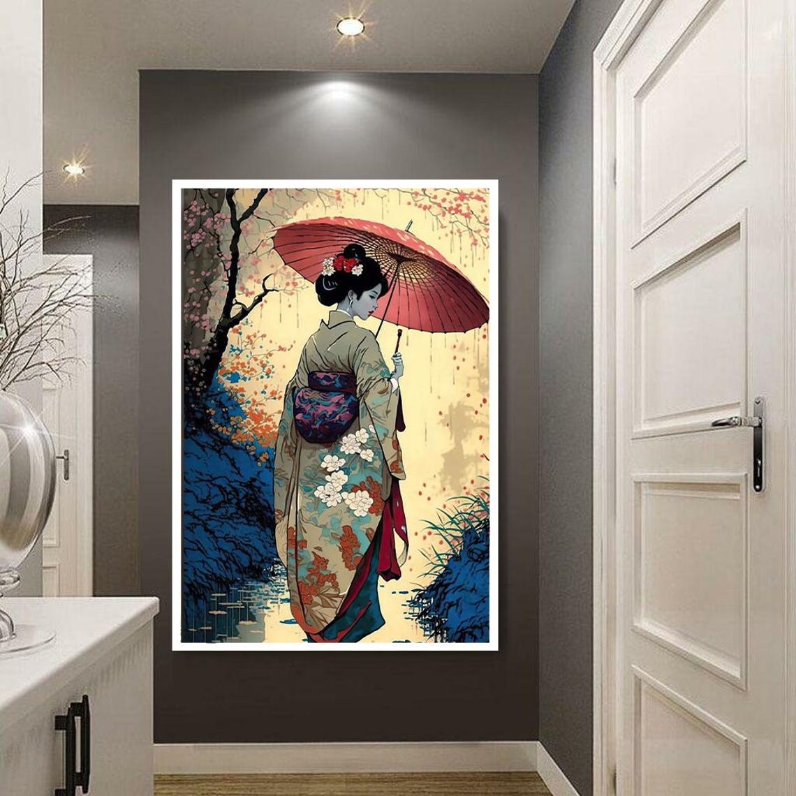 Geisha In Kimono With Red Parasol Classic Ukiyo-e Style Wall Poster - Image 3