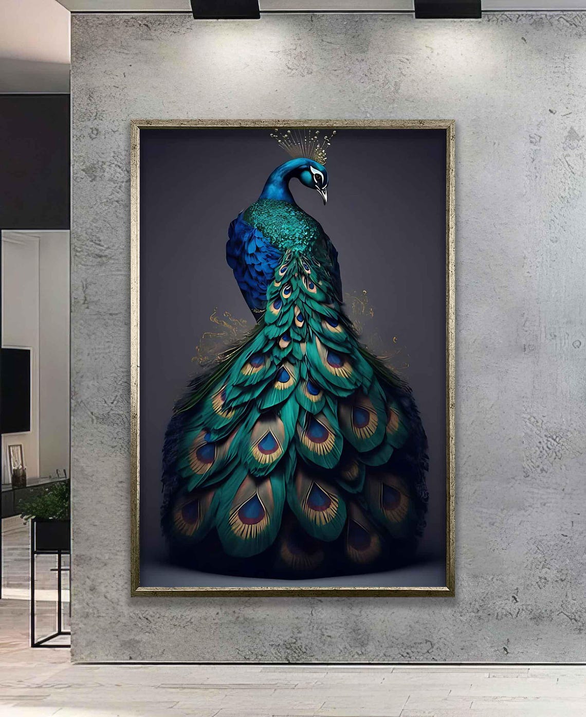 Majestic Blue Peacock with Fanned Iridescent Tail Feather Poster - Image 5