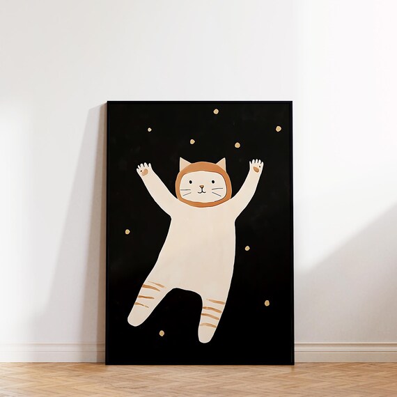 Astronaut Cat Floating in Space Cute Kids Animal Room Poster Decor