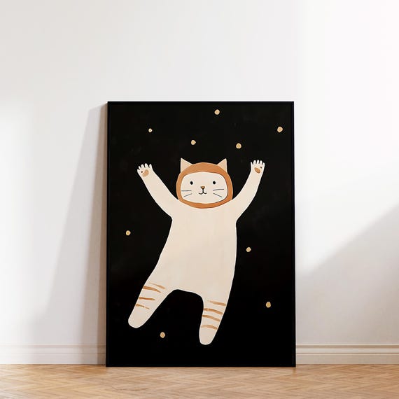 Space Cat Print Astronaut Kitty Art Modern Kids Room Decor Night Sky Nursery Star Wall Art