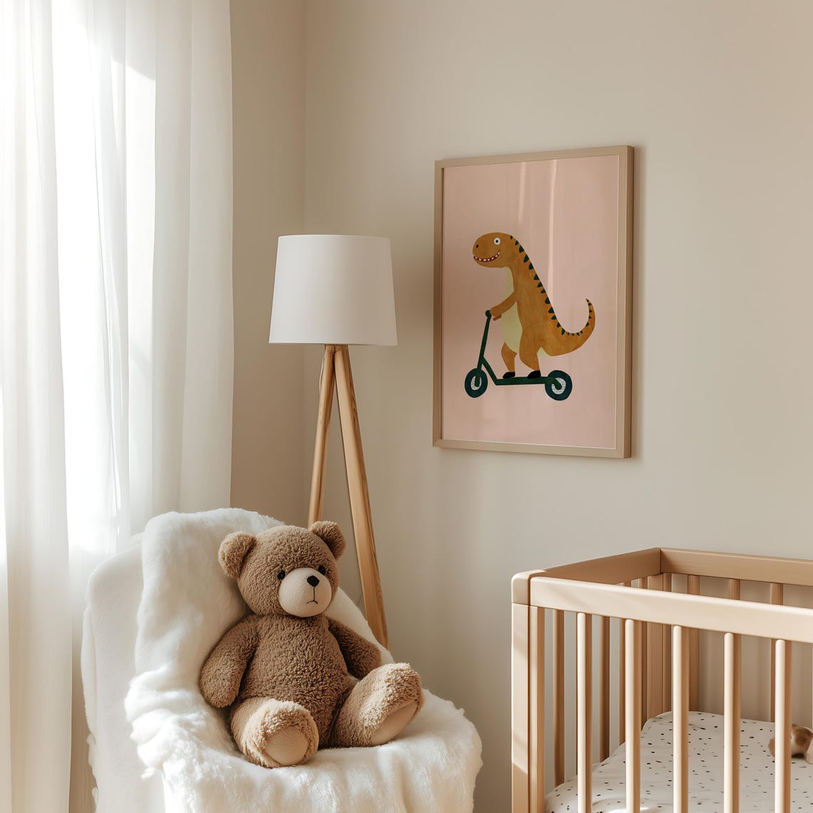 Happy Dinosaur Riding Green Scooter Cute Kids Dino Room Poster - Image 3