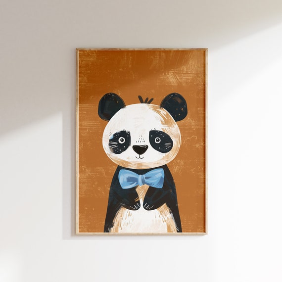 Panda With Bow Tie Print Whimsical Animal Art Modern Nursery And Kids Room Decor