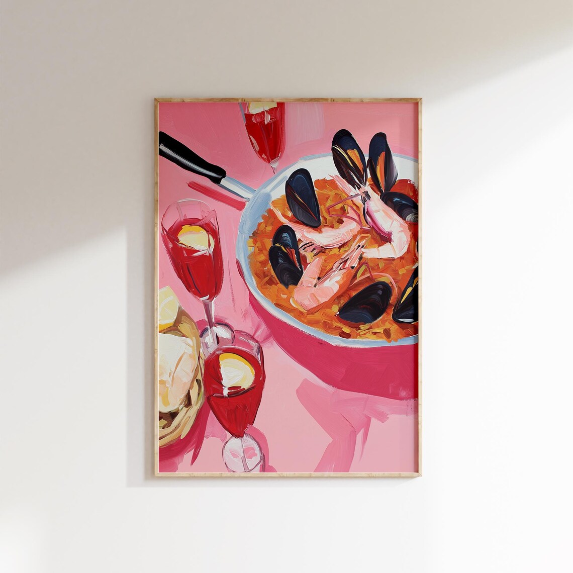 Spanish Seafood Paella Pan Mussels Prawns Pink Kitchen Art Poster - Image 4