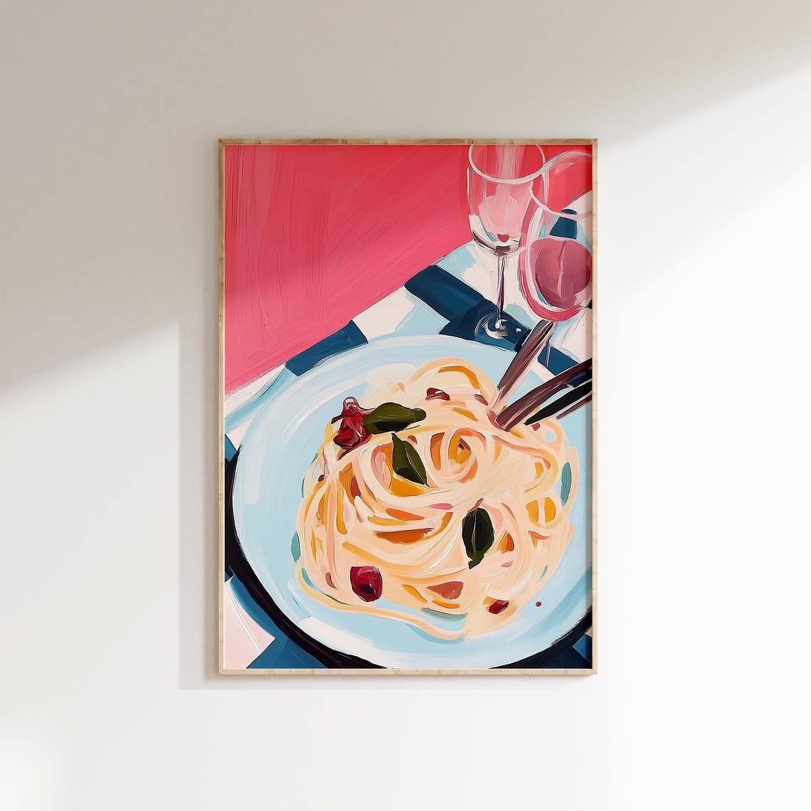 Italian Spaghetti Bowl Basil Tomatoes Rose Wine Painterly Pasta Poster - Image 4
