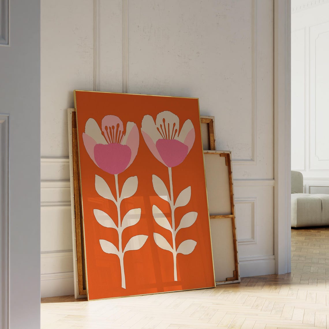 Retro Orange Pink Flower Print Mid Century Modern Botanical Wall Art - Image 5
