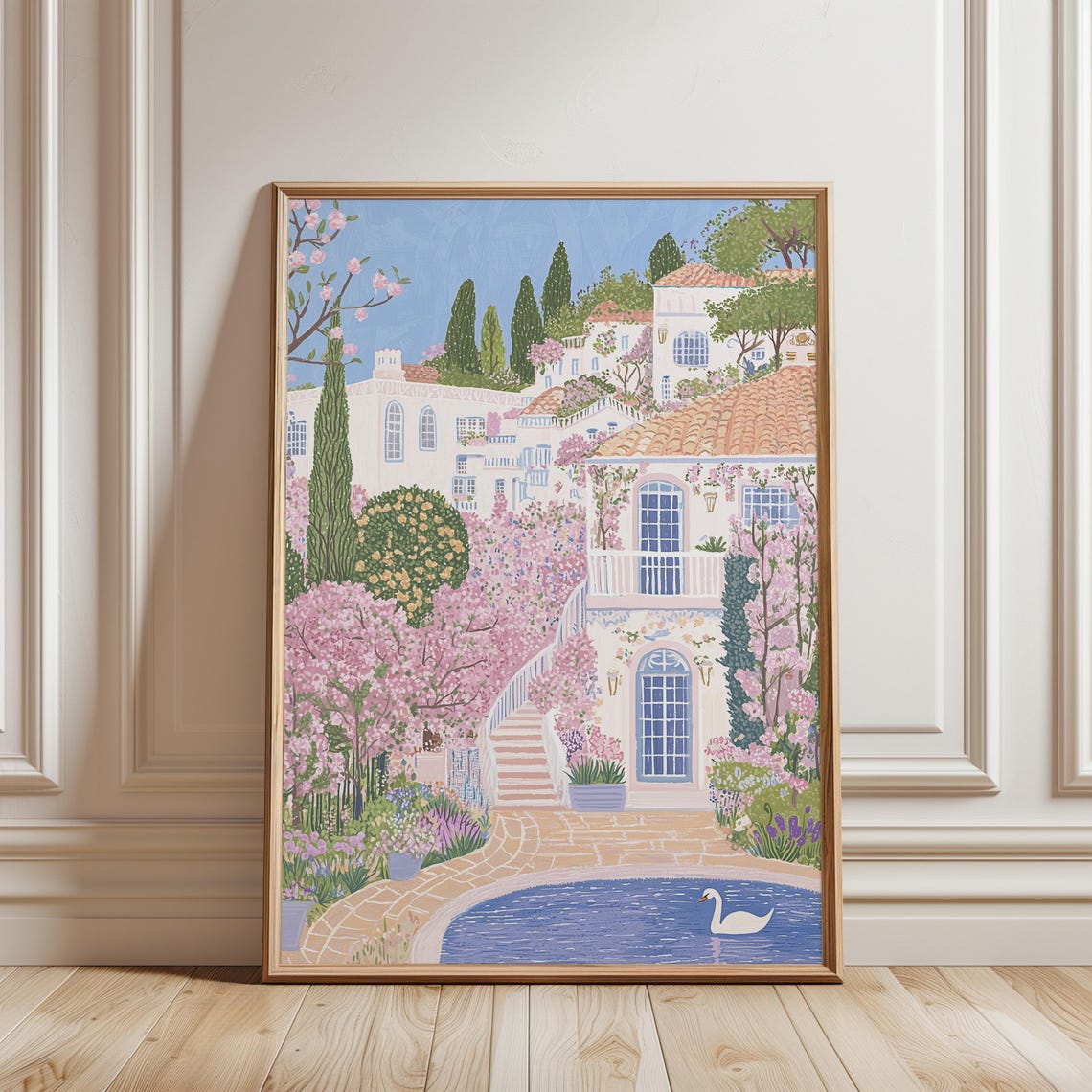 Pink Blossom Mediterranean Hillside Village Swan Pond Spring Poster