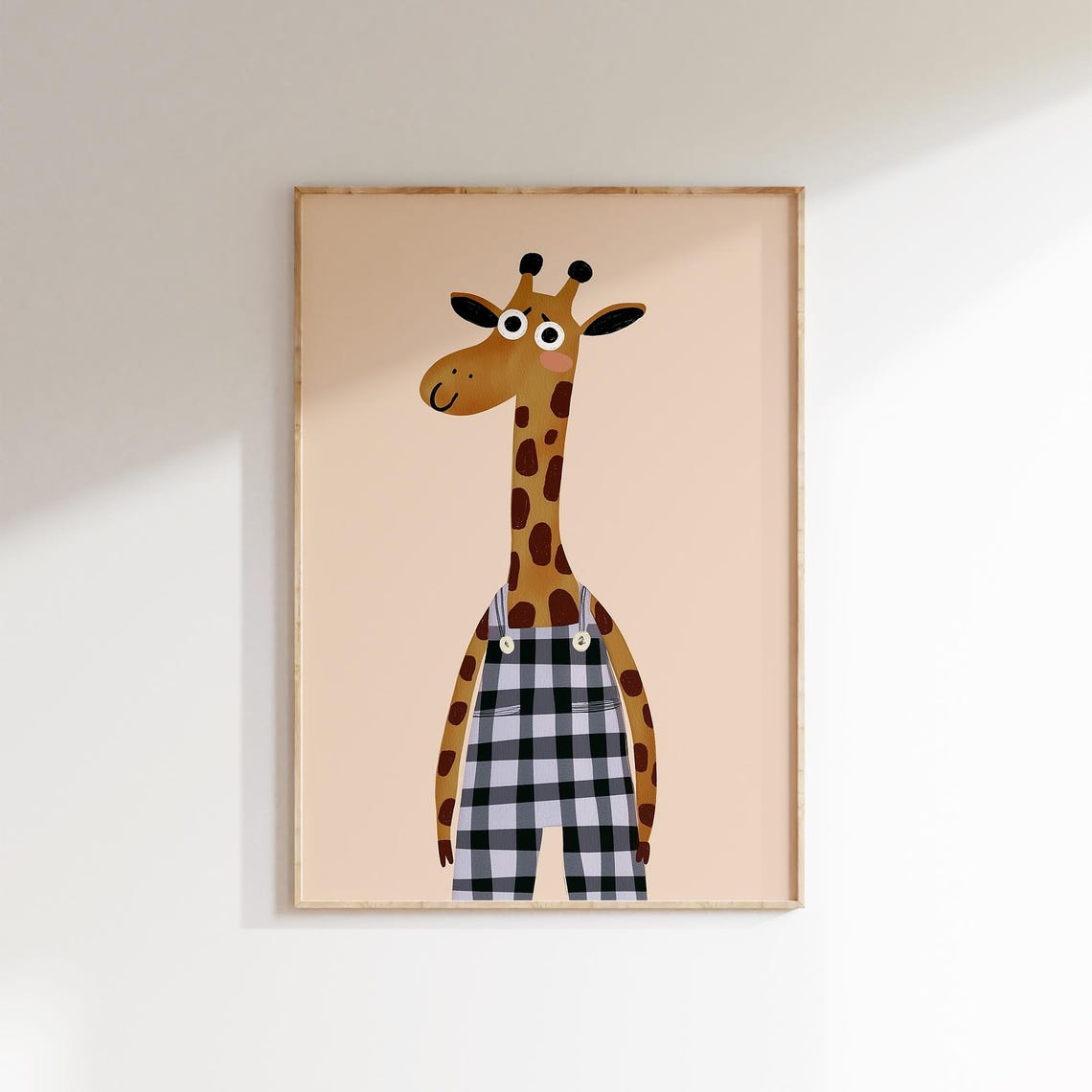 Cute Giraffe In Buffalo Plaid Overalls Safari Nursery Animal Wall Art