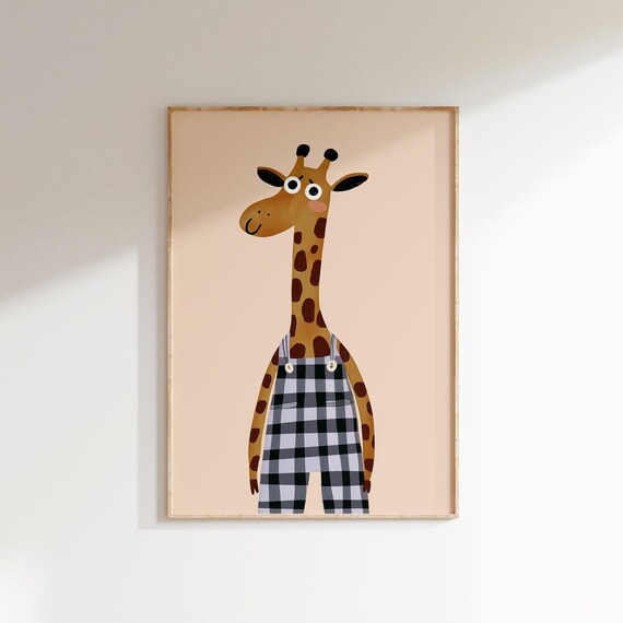 Cute Giraffe In Buffalo Plaid Overalls Safari Nursery Animal Wall Art