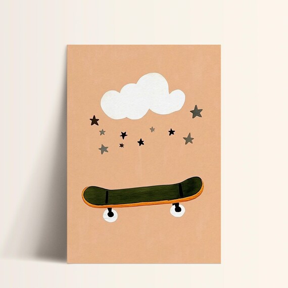 Dark Green Skateboard Cloud Stars Retro Boys Room Kids Art Poster