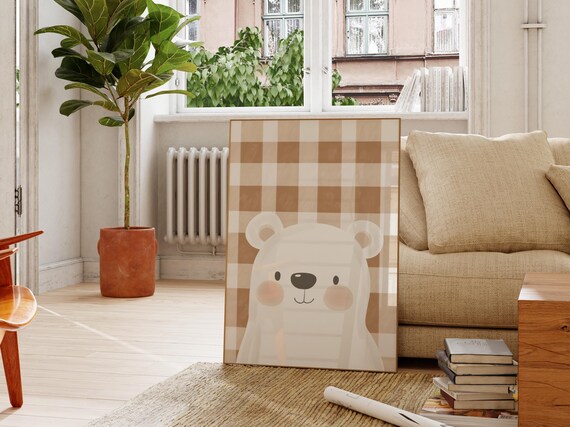 White Bear Face Gingham Check Kids Room Print Cute Nursery Decor