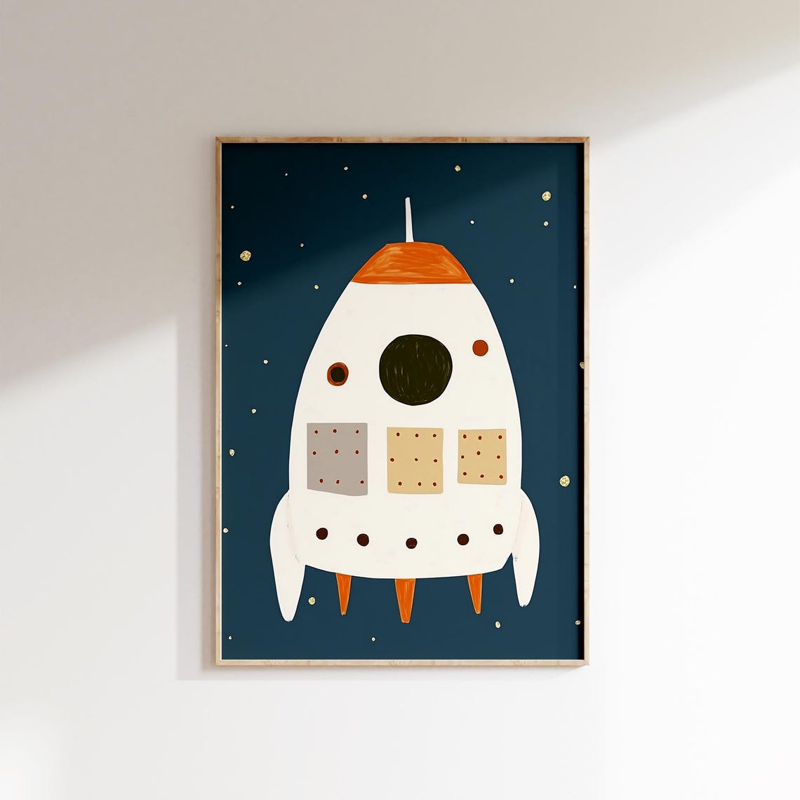 Classic White Rocket Ship Navy Starry Night Sky Kids Room Poster
