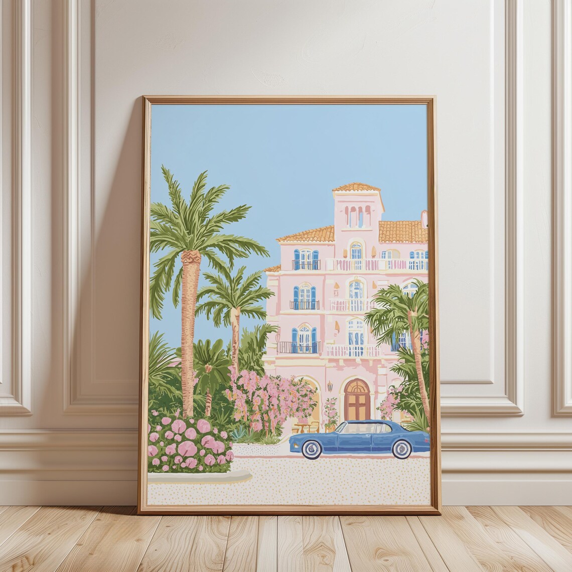 Pink Palm Hotel Florida Vintage Car Retro Beach Travel Poster