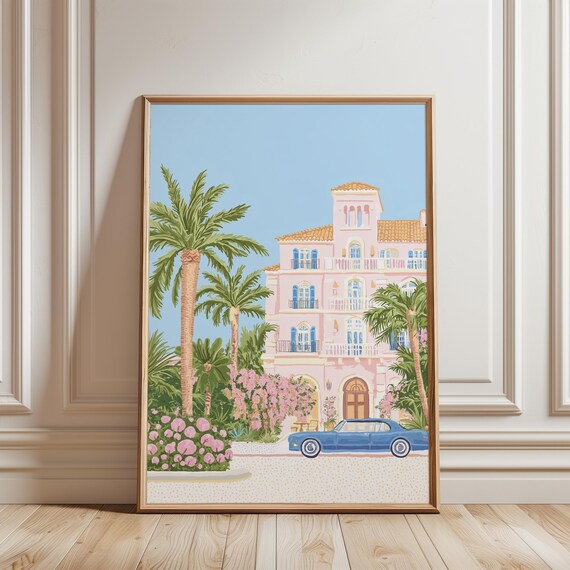 Pink Palm Hotel Florida Vintage Car Retro Beach Travel Poster