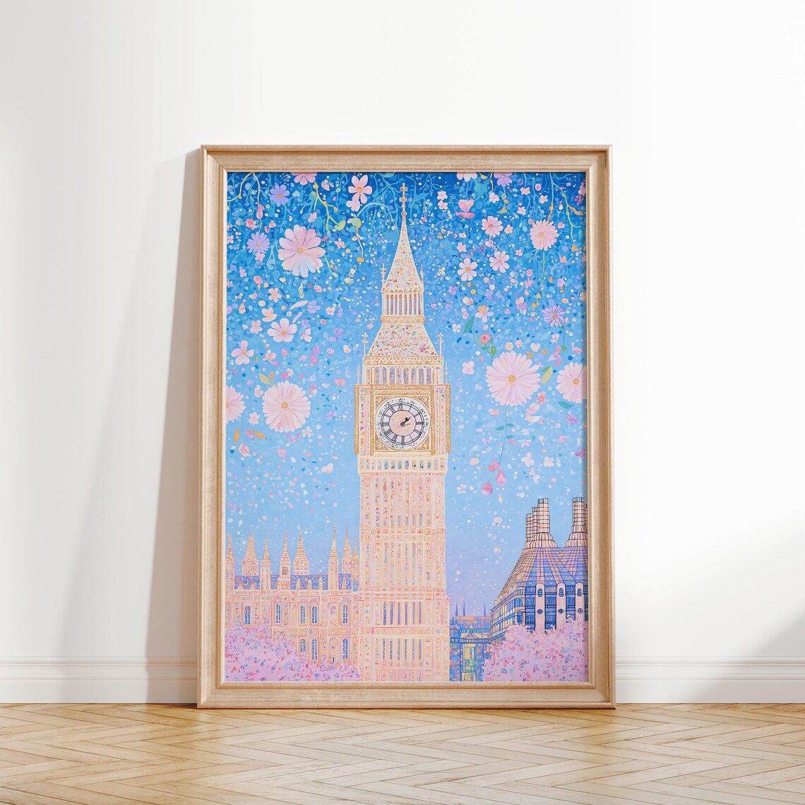 Big Ben London Clock Tower with Pink Flowers Pastel Cityscape Art Poster - Image 2