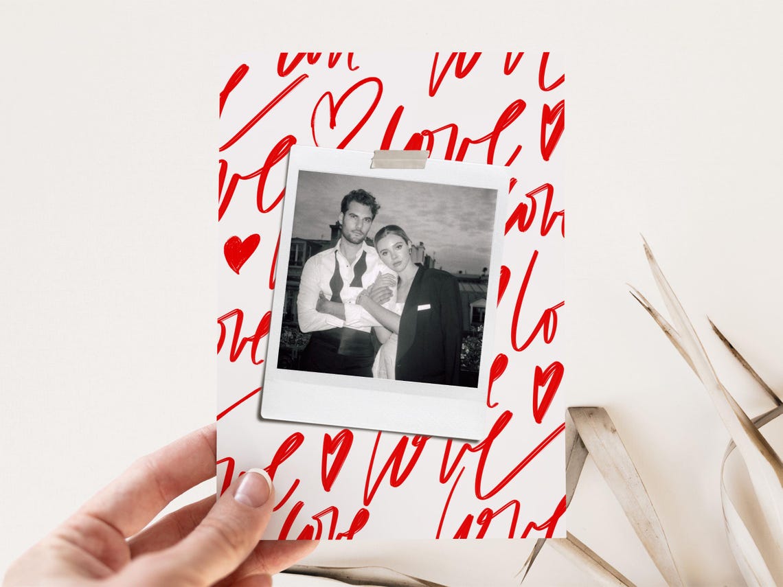 Modern Valentine Photo Card Red Love Script Hearts Polaroid Print - Image 3