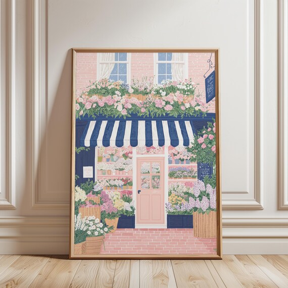 Pink Flower Shop Storefront Striped Awning Spring Floral Shop Poster