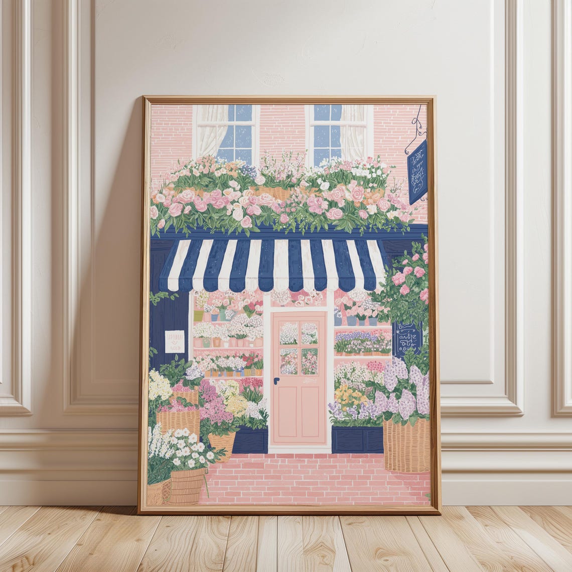 Pink Flower Shop Storefront Striped Awning Spring Floral Shop Poster