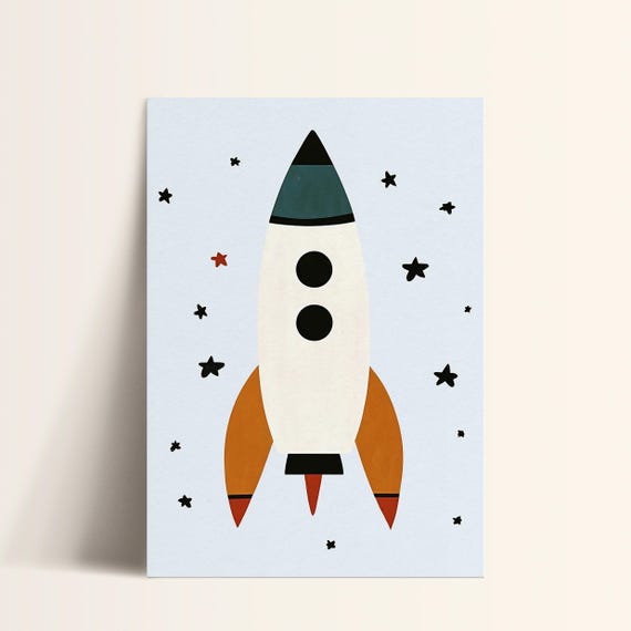 Space Rocket Wall Art Modern Kids Room Decor Star Nursery Print Boys Room Art Baby Space Theme