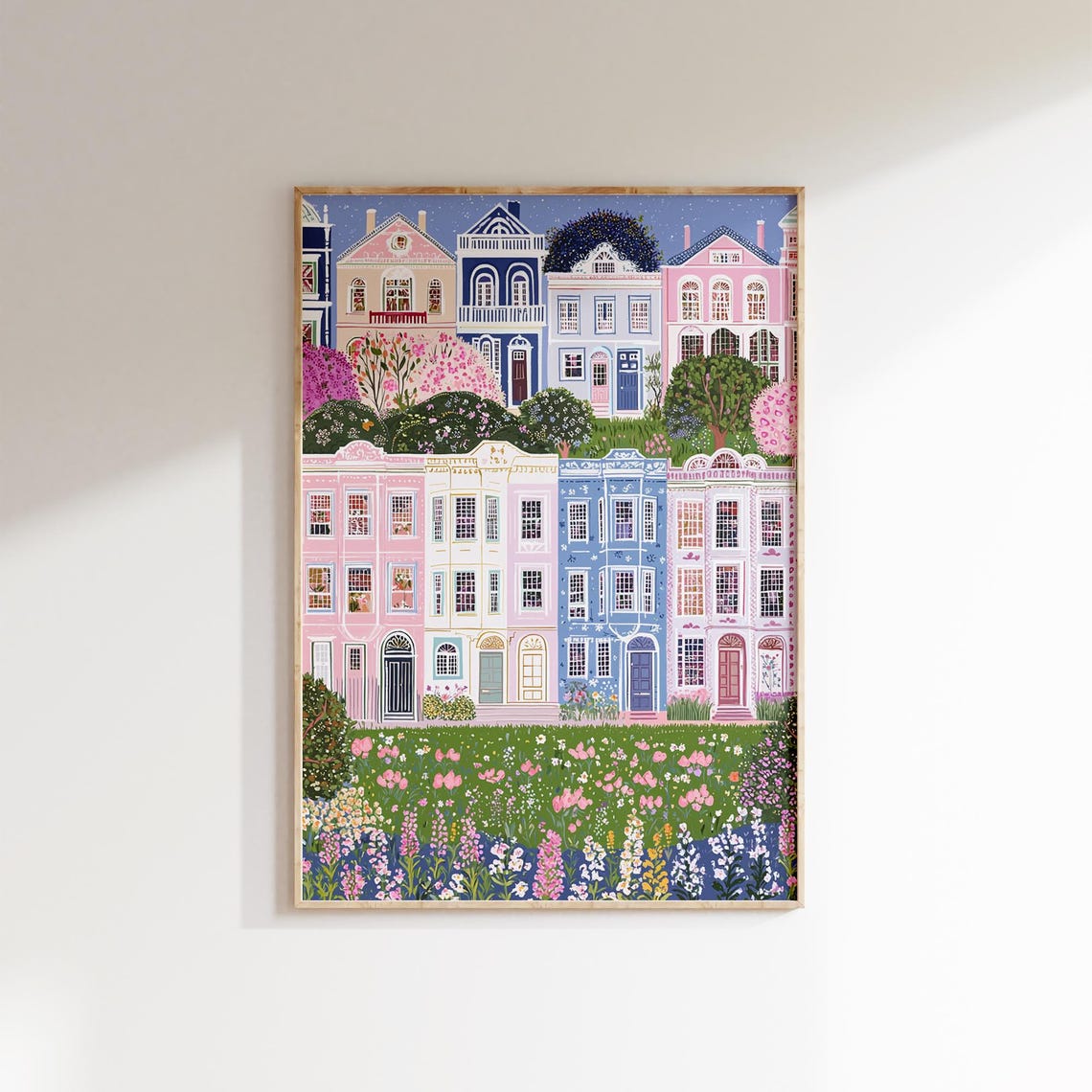 Pastel Row Houses Wall Art City Street Illustration Floral Townhouse Print Urban Decor Living Room Art Home Decor