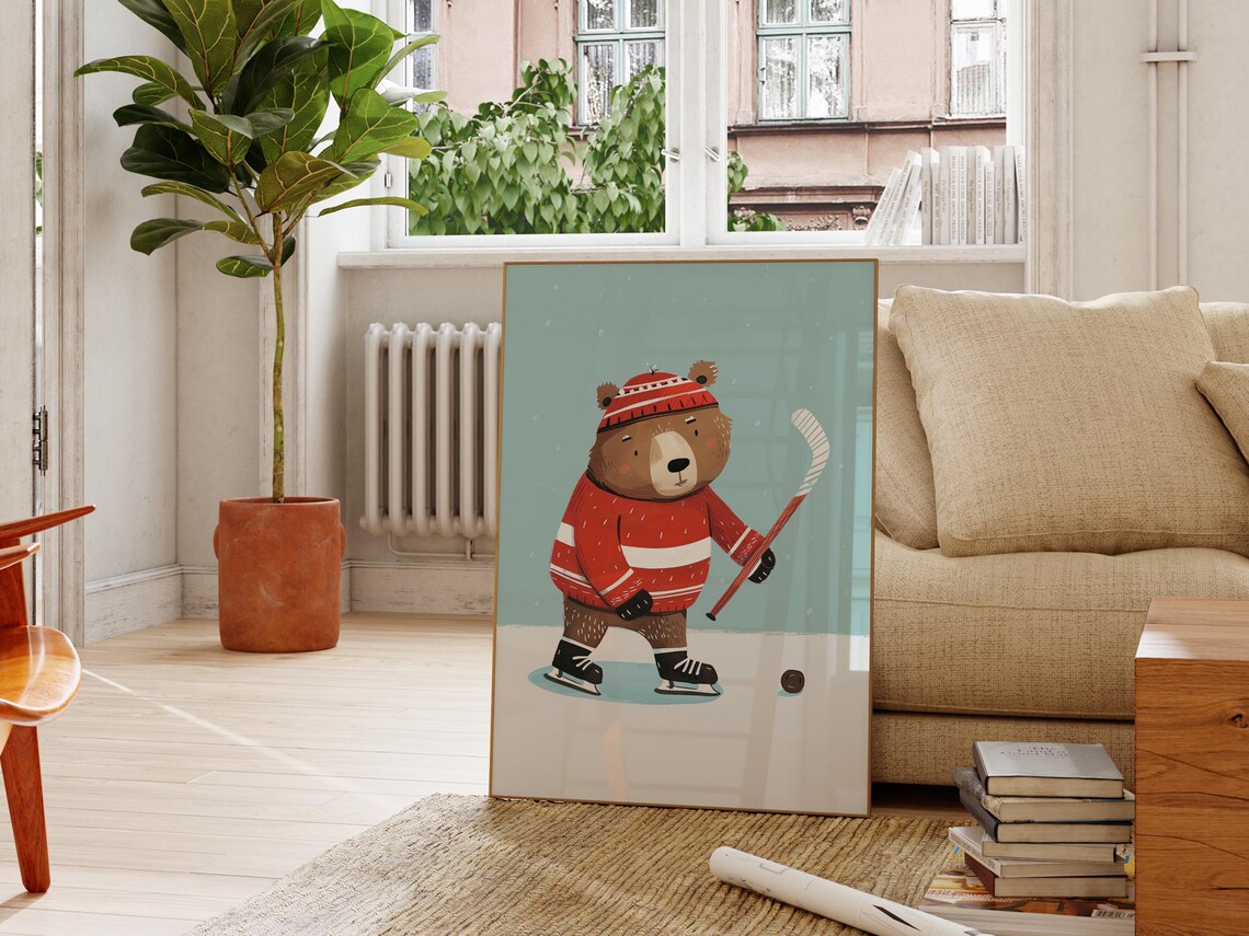 Ice Hockey Bear Art Poster for Boys Room Sports Nursery Decor