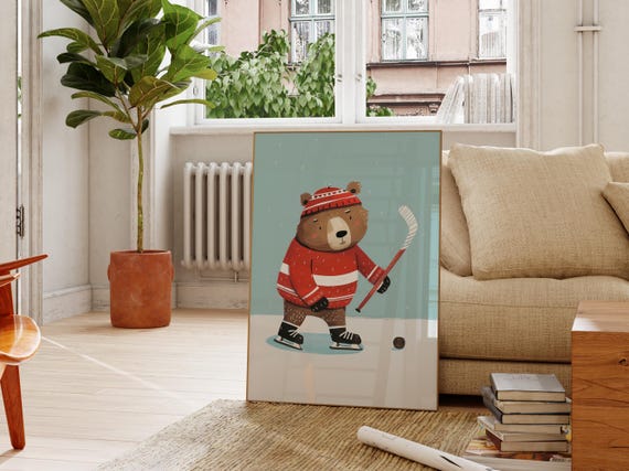 Ice Hockey Bear Wall Art Print Boys Room Sports Decor Nursery Animal Art Playroom