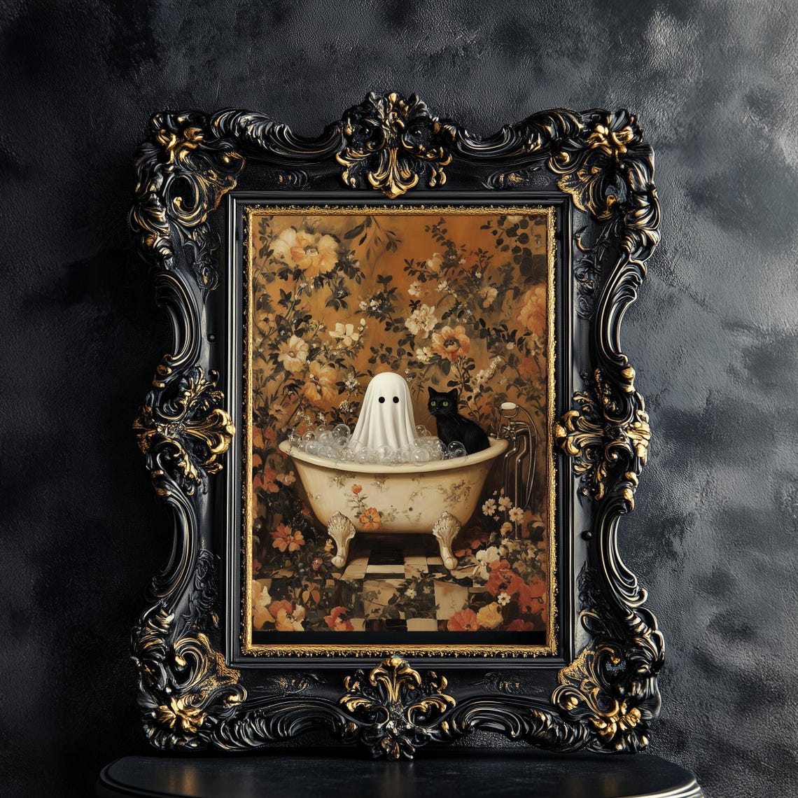 Ghost and Black Cat in Vintage Bathtub Art Poster Halloween Decor