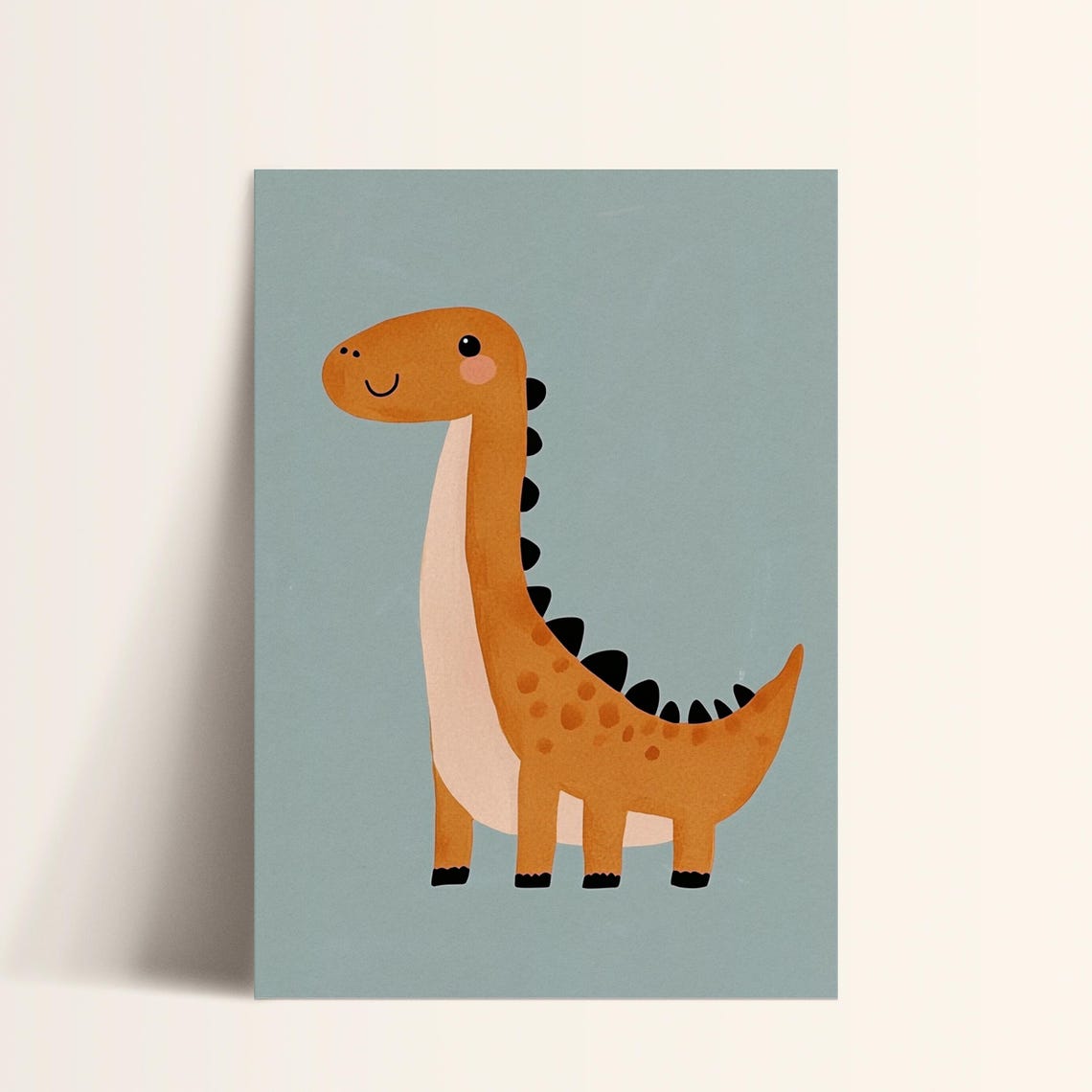 Smiling Orange Sauropod Dinosaur Teal Nursery Kids Room Poster