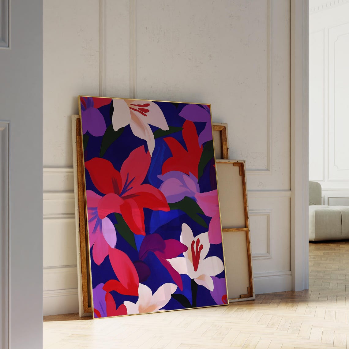 Bold Lily Flower Pattern Red Pink Purple Navy Modern Botanical Poster - Image 4