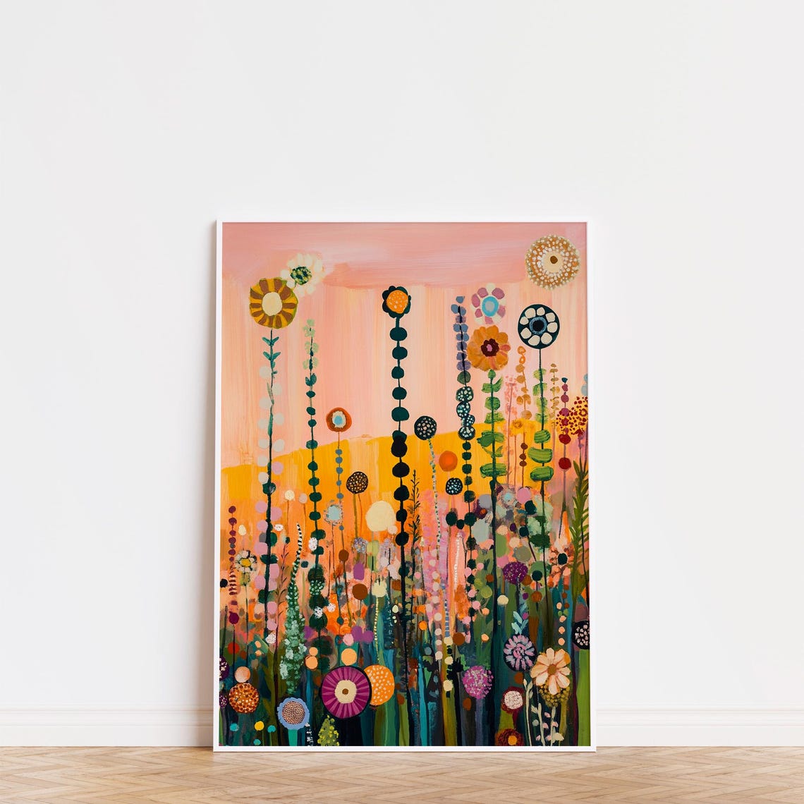 Whimsical Tall Wildflower Stems Peach Background Folk Art Poster - Image 2