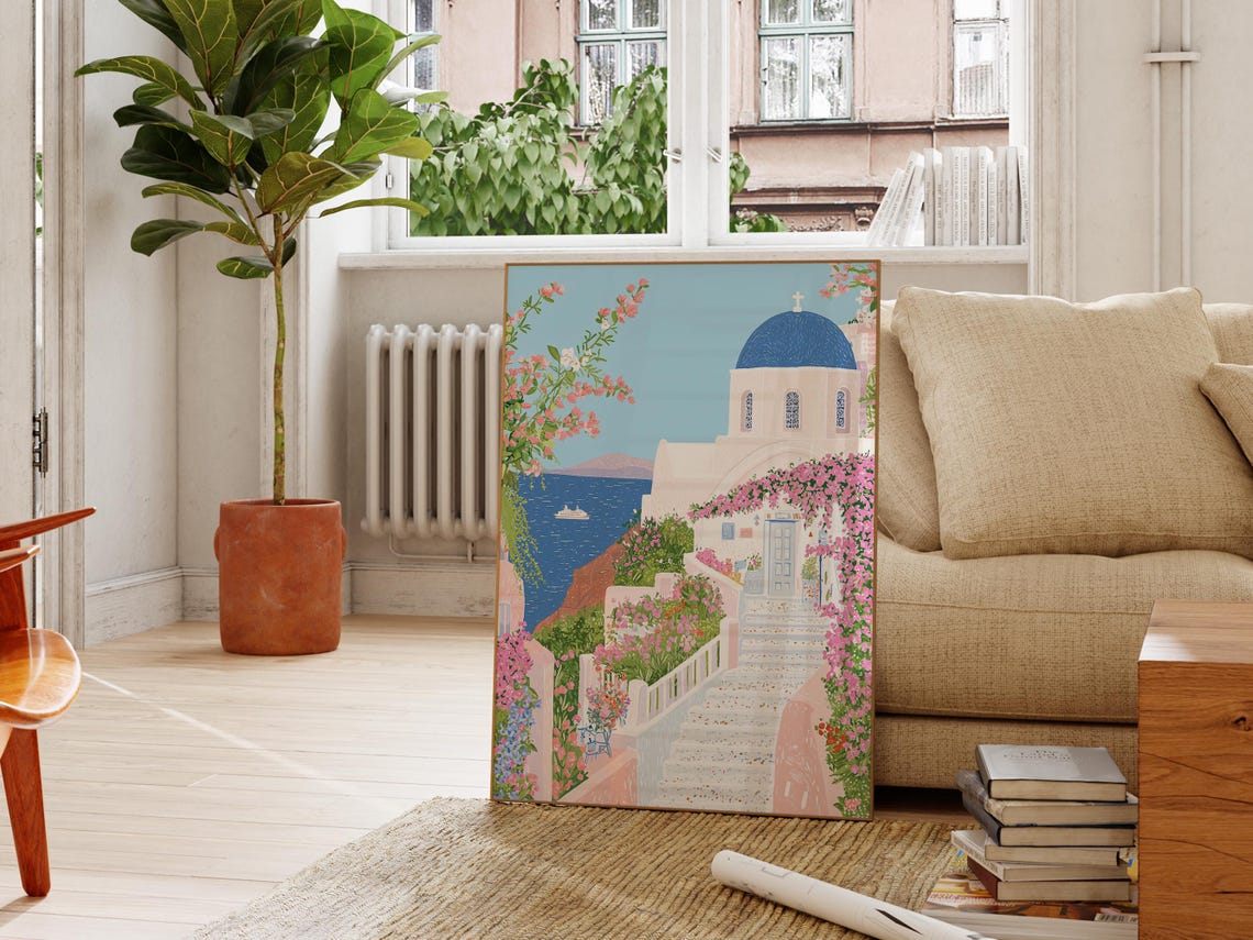 Santorini Blue Dome Church Bougainvillea Steps Greece Poster - Image 2