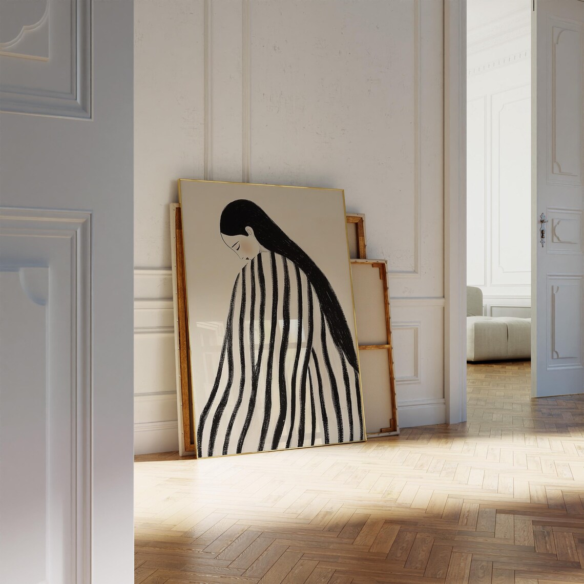 Woman Long Black Hair Striped Cloak Minimalist Beige Art Poster - Image 2