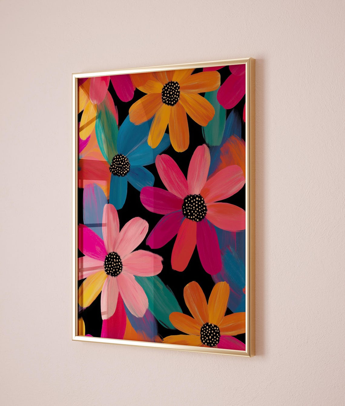 Colorful Daisy Flower Print Black Background Modern Boho Wall Poster - Image 4